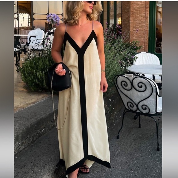 Cream & black stripe asymmetrical spaghetti strap v neck flowy casual maxi dress - Picture 2 of 6